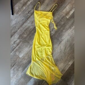 SHEIN yellow long lightweight skinny strap dress, bottom and neckline detail XS